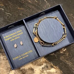 Vince Camuto 14k Gold Plated Paperclip Chain Bracelet with CZ Earrings